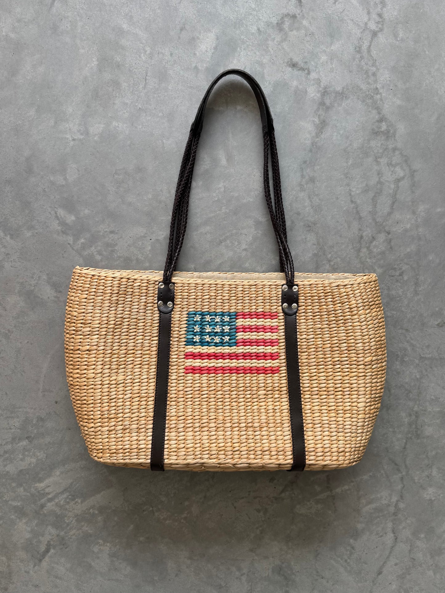 Vintage Straw American Flag Tote