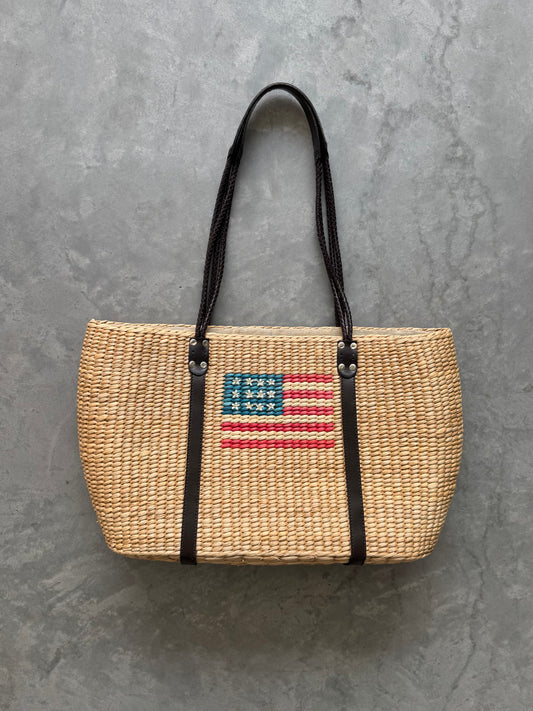 Vintage Straw American Flag Tote