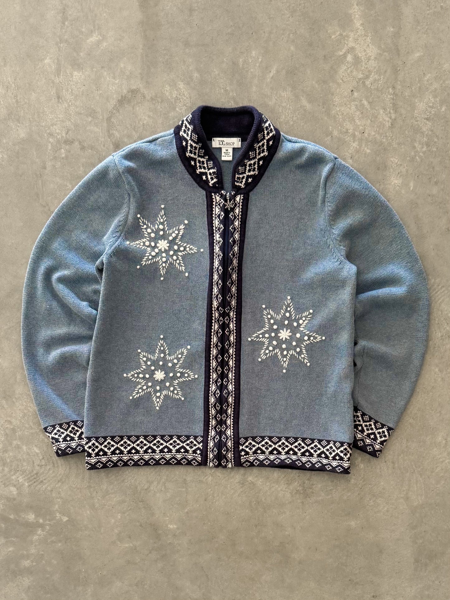 Vintage Snowflake Zip Up Sweater - M