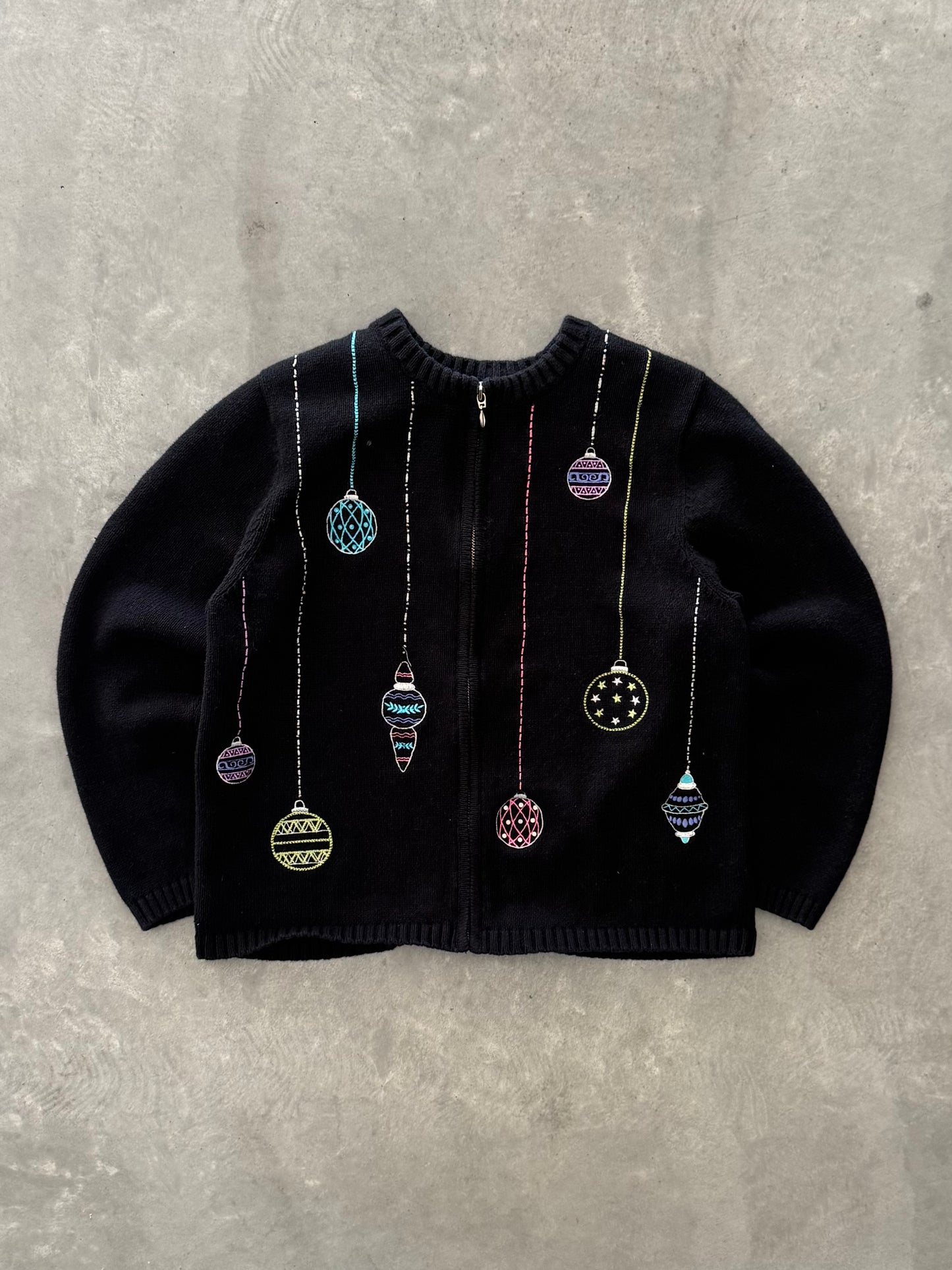 Vintage Christmas Ornaments Zip Up Sweater - L