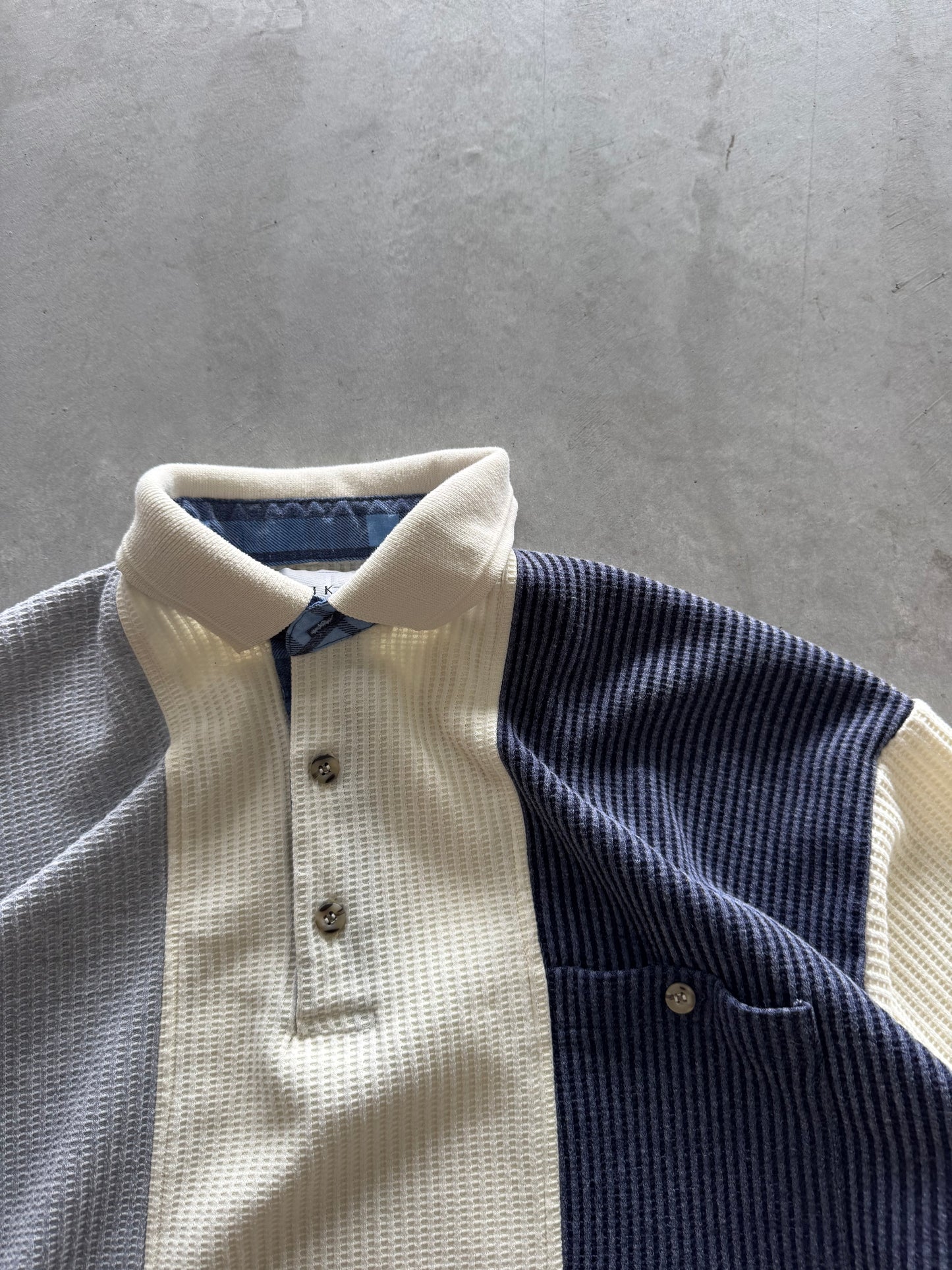 Vintage 80s Waffle Knit Long Sleeve Polo - M