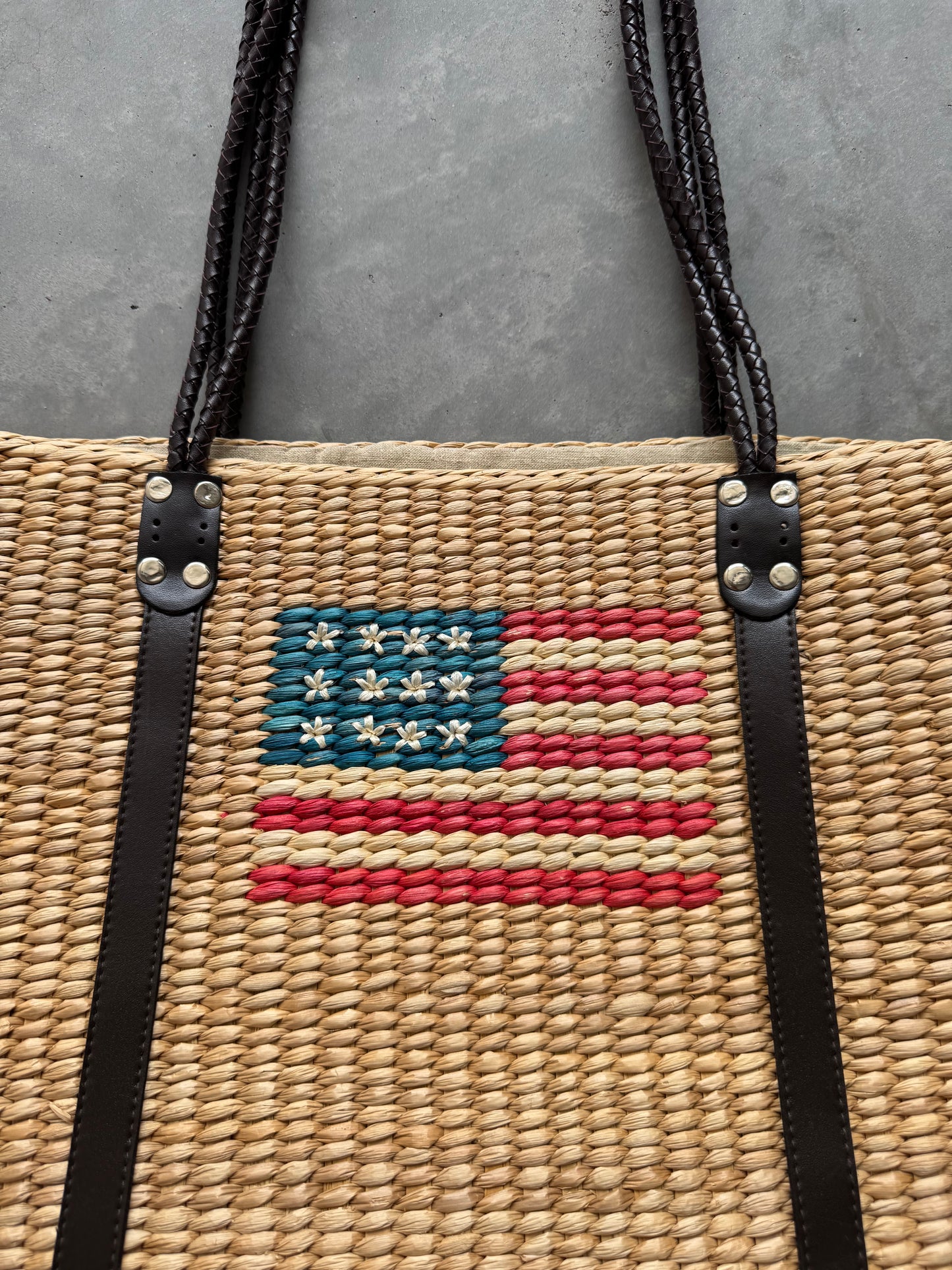 Vintage Straw American Flag Tote
