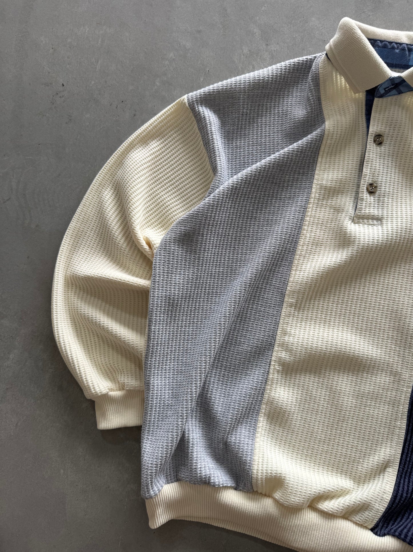 Vintage 80s Waffle Knit Long Sleeve Polo - M