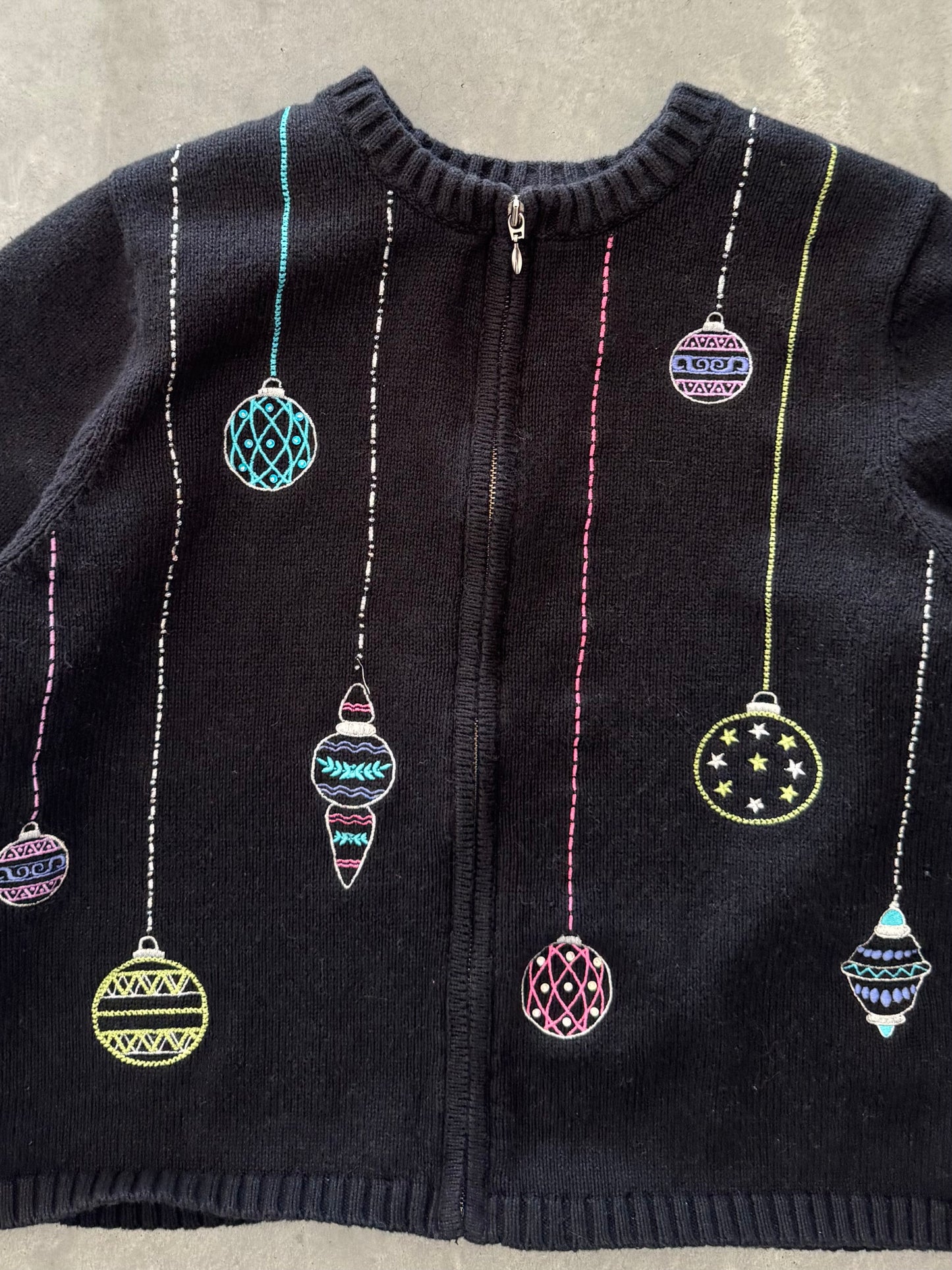 Vintage Christmas Ornaments Zip Up Sweater - L