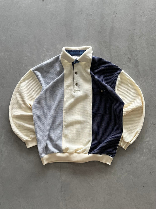 Vintage 80s Waffle Knit Long Sleeve Polo - M