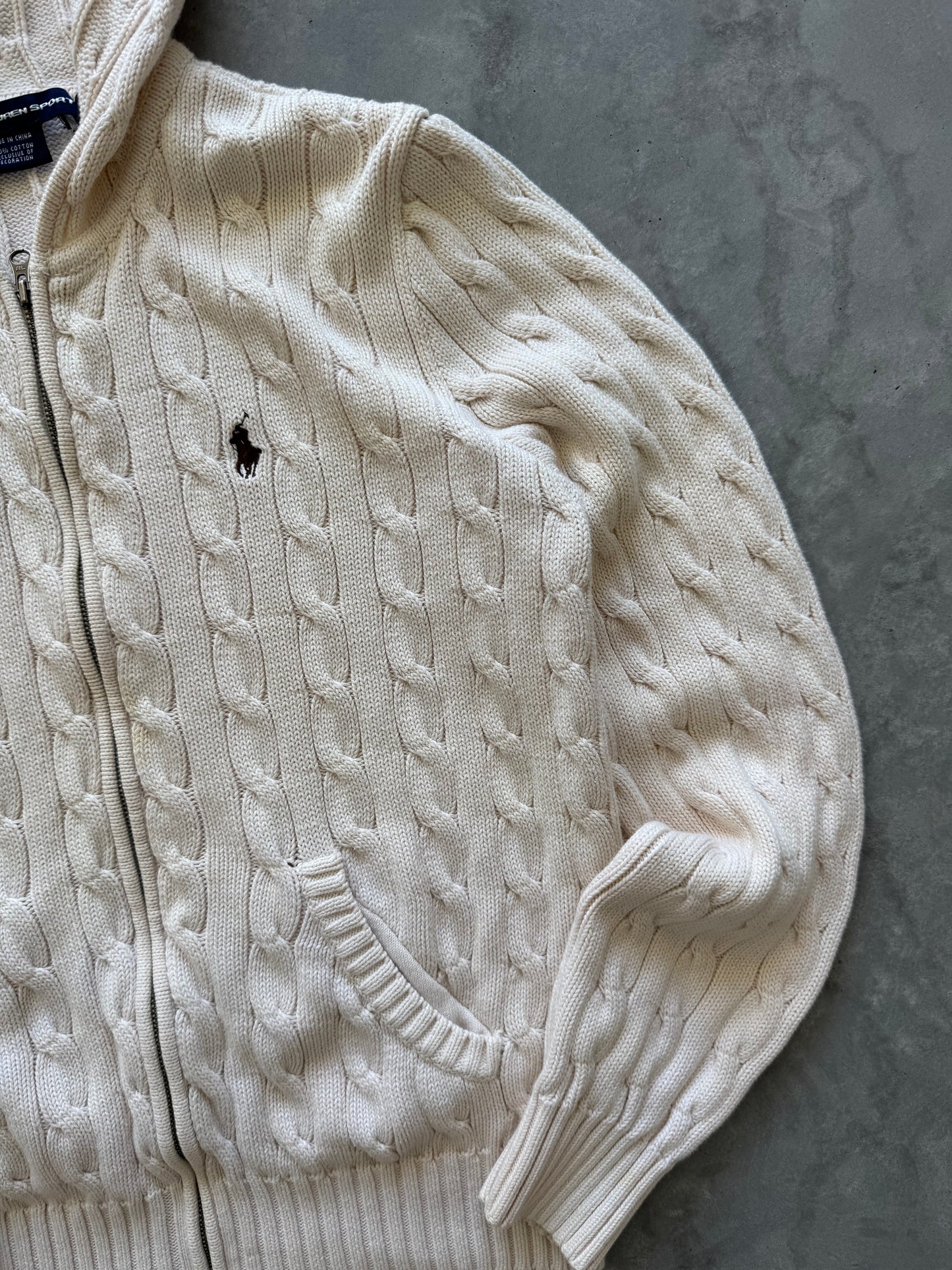 Vintage Ralph Lauren Cable Knit Zip Up Hoodie - L