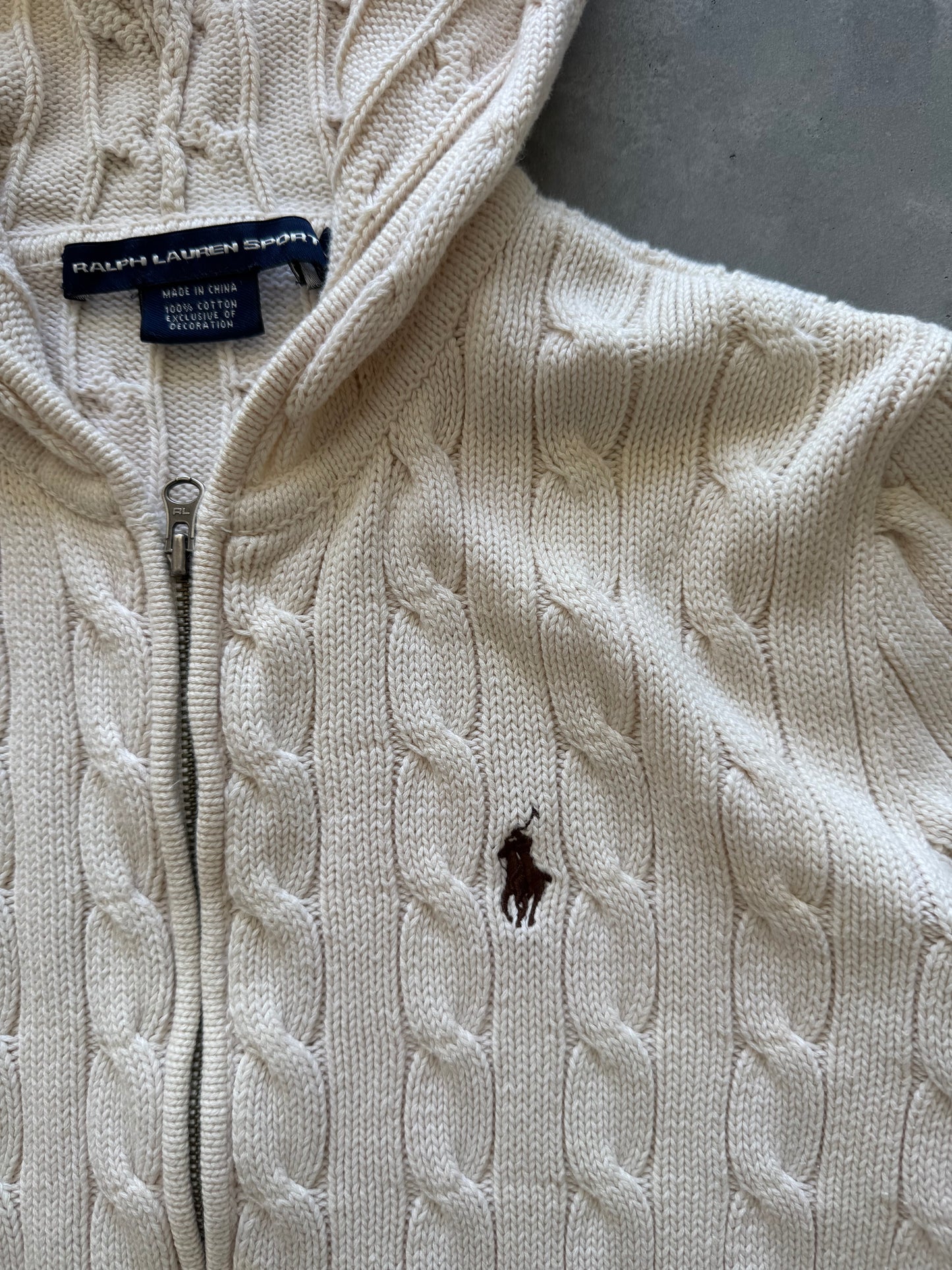 Vintage Ralph Lauren Cable Knit Zip Up Hoodie - L